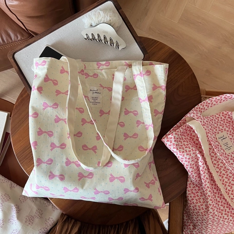 Women Canvas Tote Bag Cotton Shoulder Shopping Bag Sweet Bow Print Floral Pattern Large Capacity Casual Handbag