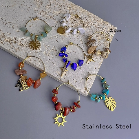 Bohemian Natural Stone Chips Hoop Earrings Stainless Steel Vintage Jewelry For Women Sun Leaf Star Charms