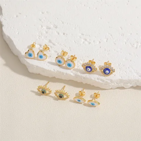 Evil Eye Stud Earrings Copper With Zircon And Enamel Heart Round Geometric Bohemian Amulet Jewelry For Women