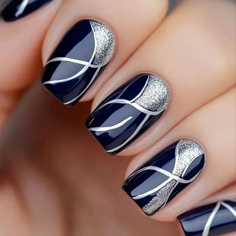 Press On Nails Navy Blue With Silver Glitter And Wavy Lines Medium Square Artificial False Nails For Women Fashion