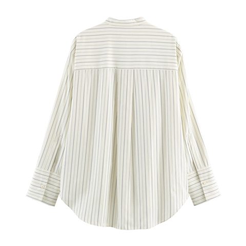 Gestreifte Bluse Damen Langarm Stehkragen Lockerer Schnitt Polyester Hemd Mit Großen Taschen Lässiges High-Low Oberteil
