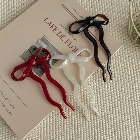 Acetate Bowknot U Shaped Hair Stick Balletcore Two Prong Hair Fork Sweet Vintage Updo Hairpin For Women Girls