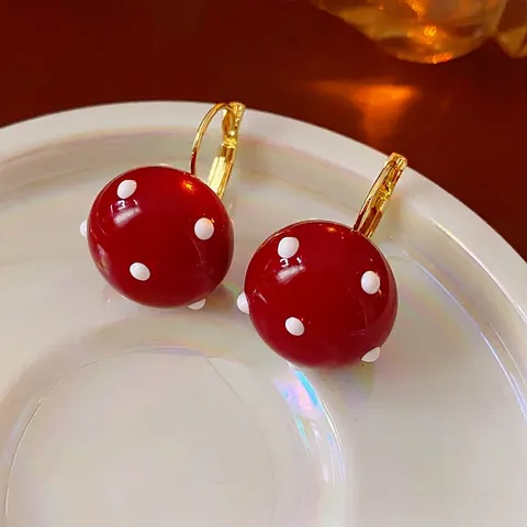 Vintage Red Mushroom Polka Dot Earrings Real Gold Plated Copper With Silver Earring Post French Style Retro Jewelry For Women