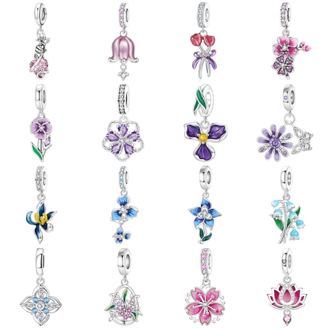 Floral Charm Pendant White Copper Enamel Zircon For DIY Bracelet Jewelry Women Iris Lily Cherry Blossom Maple Leaf