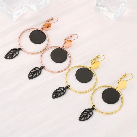 Pendientes Colgantes De Aro Circular Con Pendentif De Hoja Acero Inoxidable Hipoalergénico Joyería Geométrica Para Mujer