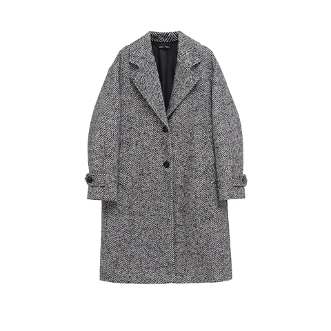 Damen Mantel Mit Fischgrätenmuster Tweed Revers Einreihig Langarm Mittellang Casual Oberbekleidung Grau