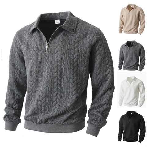 Suéter De Punto Trenzado Para Hombre Manga Larga Cuello Polo Con Cremallera Casual Color Sólido Poliéster