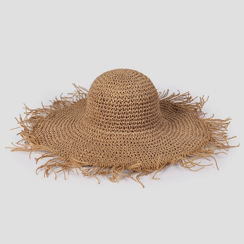 Handgemachter Häkel Strohhut Aus Papier Breite Fransen Krempe Faltbar Sommer Strand Urlaub Damen Sonnenhut