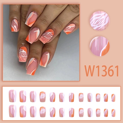 Short Press On Nails Orange White Ripple Wave Pattern French Style Square Fake Nails For Women