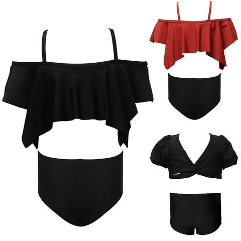 Mädchen Nylon Badeanzug Oberteil Und Unterteil Schulterfrei Rüschen Puffärmel Hohe Taille Bikini Kinder