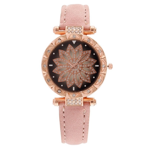 Montre À Quartz Pour Femme À La Mode Avec Boîtier En Alliage Bracelet En Cuir Cadran Fleur En Strass Ciel Étoilé Montre Bracelet Élégante