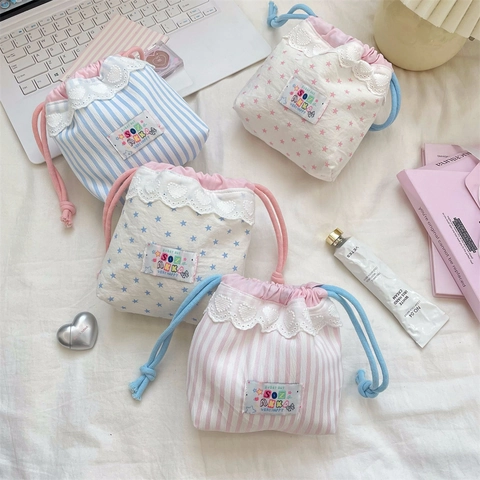 Drawstring Pouch Storage Bag Polyester Heart Lace Trim Stars Stripes Travel Makeup Toiletry Organizer Cute Japanese