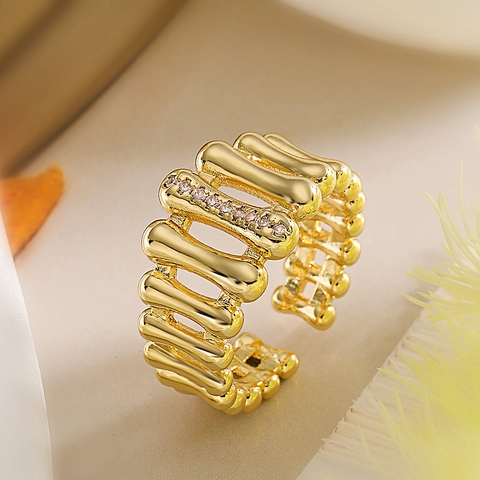 Irregular Geometric Open Rings For Women Copper Gold Plated With Zircon And Imitation Artificial Pearl Adjustable Fashion Jewelry