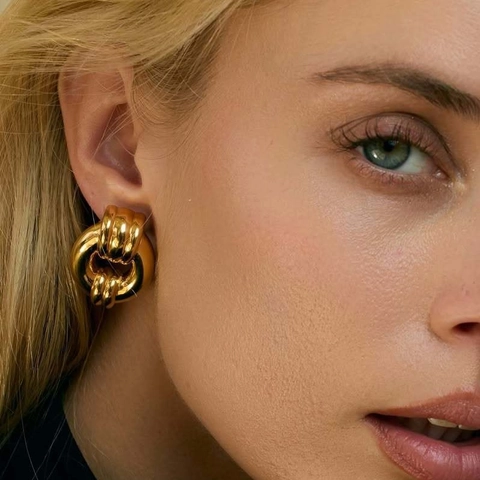 Stainless Steel Hoop Earrings 18K Gold Plated Geometric Textured Door Knocker Style Fashion Jewelry For Women