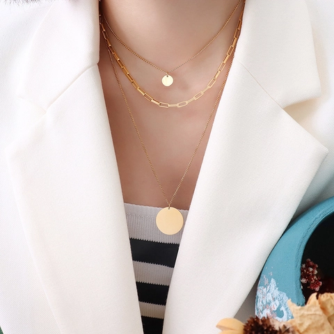 Triple Layer Necklace Titanium Steel 18K Gold Plated Paperclip Chain Round Disc Pendant Geometric Minimalist For Women