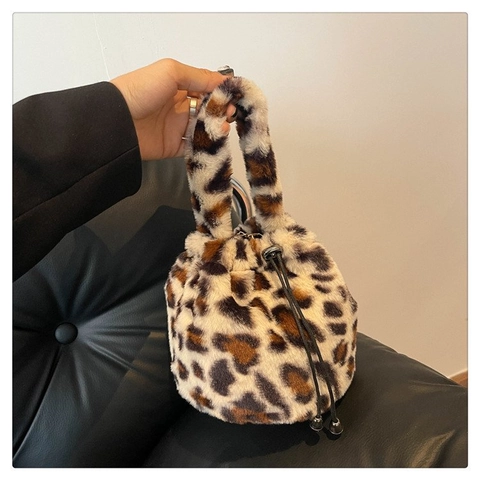 Γυναικεία Λούτρινη Τσάντα Bucket Animal Print Συνθετική Γούνα Τσάντα Χιαστί Σχέδιο Λεοπάρ Ζέβρα Κορδόνι Αλυσίδα