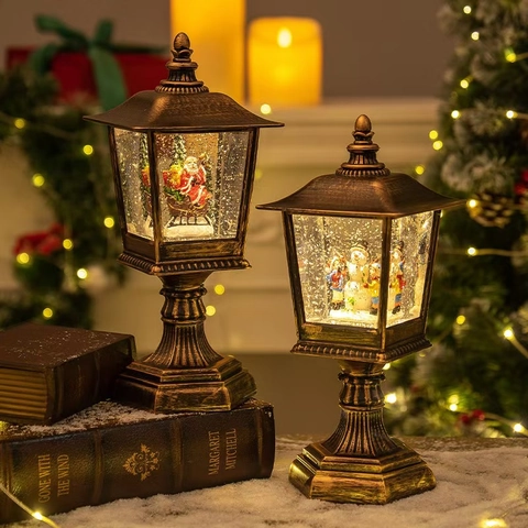 Weihnachten Schneekugel Laterne Vintage Straßenlaterne Leuchtendes Ornament Mit Weihnachtsmann Schneemann Retro Bronze Haus Deko