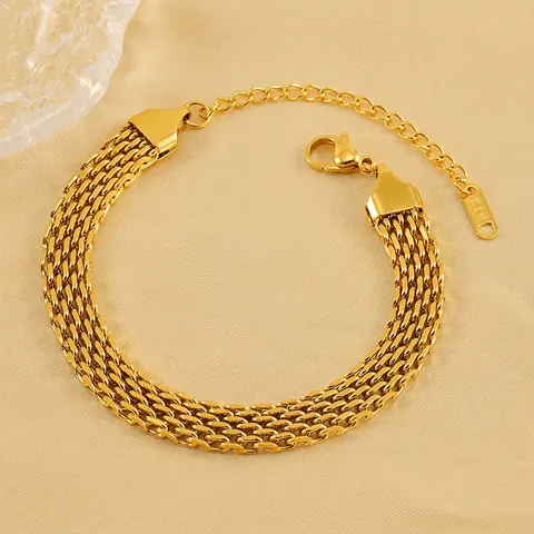 Mesh Bracelet Stainless Steel 18K Gold Plated Wide Flat Chain Adjustable Retro Fashion Jewelry For Men And Women