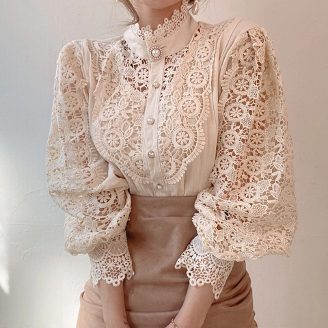 Französische Retro Spitzenbluse Für Damen Elegante Stehkragen Langarm Durchbrochene Blumen Patchwork Hemd Mit Künstliche Perlenknöpfen