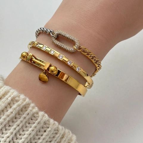 Bi Color Gliederkette Armband Edelstahl 18K Vergoldet Mikropflaster Zirkonia Retro Trendy Hip Hop Für Frauen