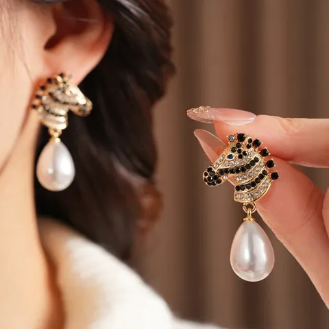 Pendientes Colgantes De Cebra Con Cristales Y Perla Artificial Gota Con Silver Earring Post Joyería Retro Para Mujer