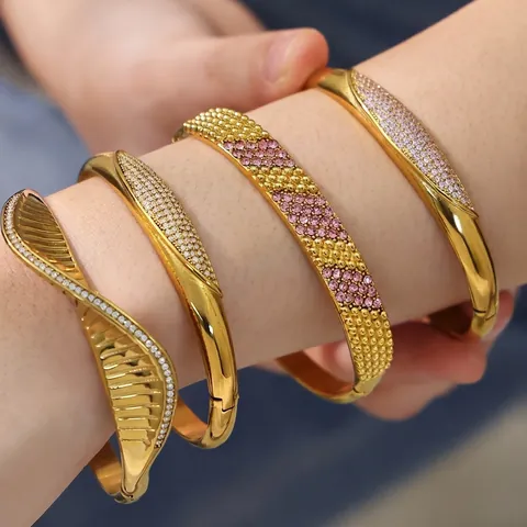 Zircon Stainless Steel Bangle Bracelet Luxury Sparkly 18K Gold Plated Buckle Elegant Trendy Jewelry For Women Gift