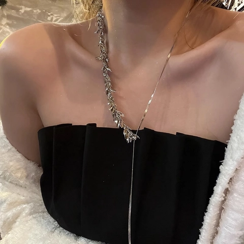 Wheat Ear Leaf Sequin Alloy Necklace Asymmetrical Fringe Snake Bone Chain Elegant Y Shape Clavicle Jewelry For Women