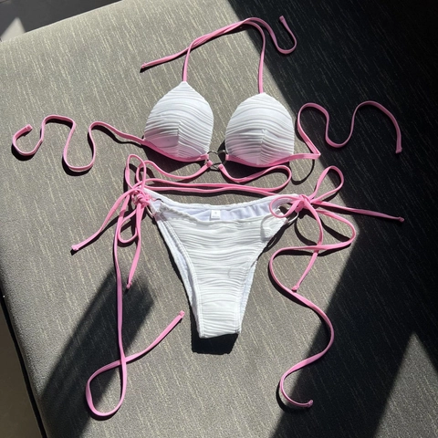 Women Sexy Heart Metal Ring Ribbed Bikini Set Halter Tie Side Swimsuit Bathing Suit Polyester Spandex Solid Color