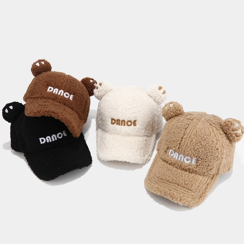 Cappello Da Baseball In Sherpa Peluche Con Orecchie Di Orso Carine E Ricamo Lettere Dance Berretto Caldo Regolabile
