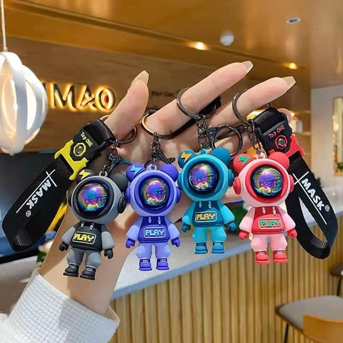 Astronaut Spaceman Bear Keychain Silicone Soft Rubber Cartoon Bag Pendant Car Key Ring Trendy Accessory For Kids Friends