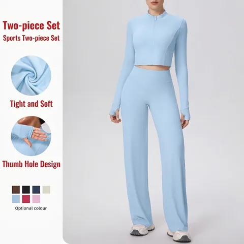 Women Yoga Long Sleeve Zip Up Jacket With Thumb Holes And High Waist Wide Leg Pants Fast Dry Solid Sportswear