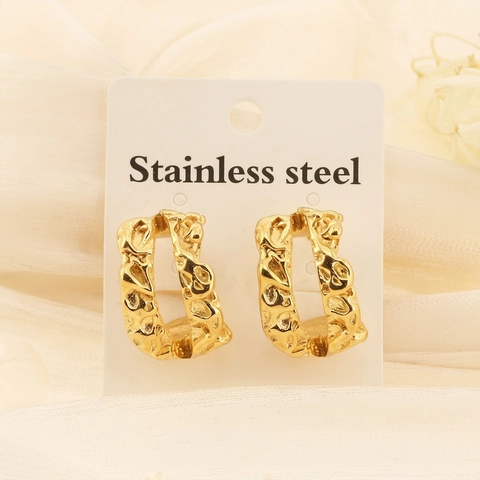 Vintage Irregular Lava Texture C-Shaped Hoop Earrings Stainless Steel Gold Plated Minimalist Elegant For Women