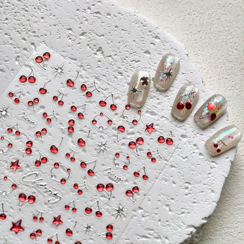 Autocollants De Nail Art Cerise 3D Gaufrés Auto-Adhésifs Étoiles Décoration De Manucure DIY Douce Mode Pour Femmes