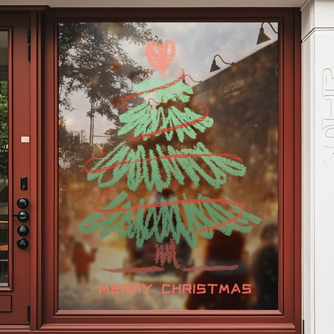 Christmas Tree Window Sticker Static Cling PVC No Glue Glass Door Decals Merry Christmas Shop Decor Doodle Style