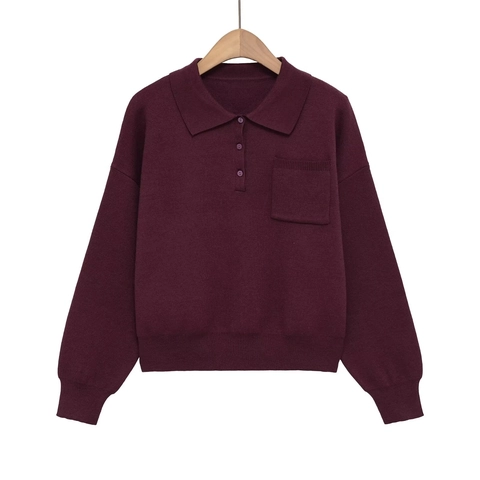 Suéter Polo De Punto De Manga Larga Rojo Oscuro Para Mujer Top Con Cuello De Solapa Con Bolsillo Puños Acanalados Elegante