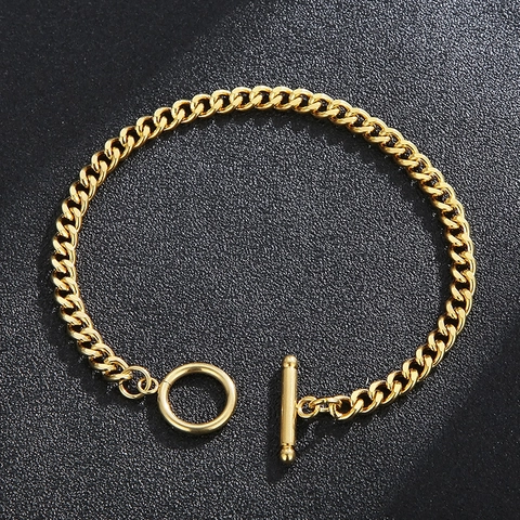 Polished Stainless Steel Cuban Link Bracelet With OT Buckle Toggle Clasp Trendy Minimalist Hand Jewelry Unisex