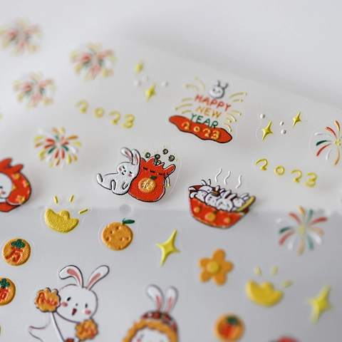 5D Relief Chinese New Year Nail Stickers Year Of Rabbit PET Self Adhesive Manicure Decals Red Gold Festive Decor