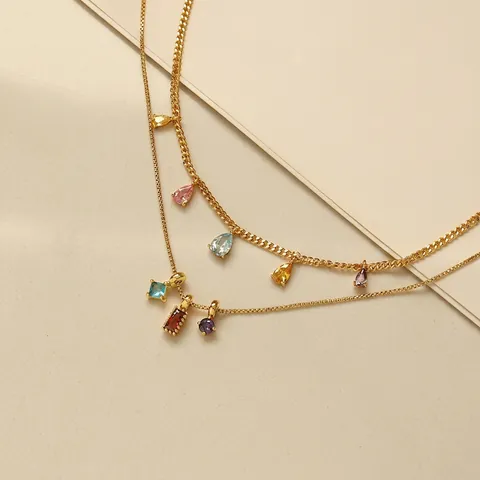 Brass 18K Gold Plated Colorful Zirconia Pendant Necklace For Women Elegant Geometric Teardrop Square Fashion Jewelry