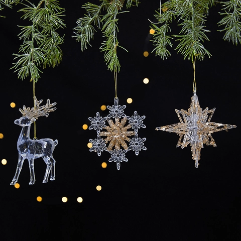 Christmas Tree Hanging Ornaments Acrylic Transparent Sparkling Sequins Reindeer Snowflake Star Butterfly Festive Decor