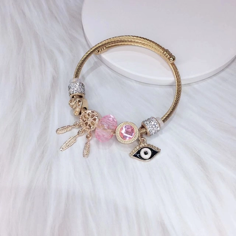 Verstelbare Open Bangle Armband Roestvrij Staal Legering Strass Kristal Dromenvanger Boze Oog Charm Boheems Vrouwen Sieraden