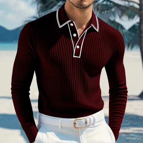 Polo Da Uomo Maniche Lunghe In Maglia A Costine Colletto A Contrasto Righe Verticali Slim Fit Top Casual Morbidi