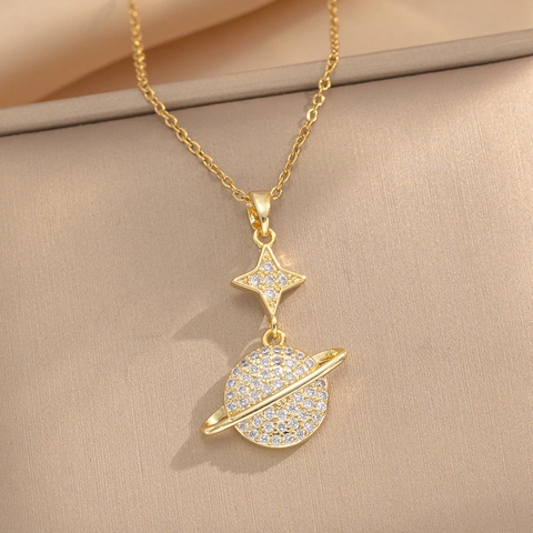 Titanium Stalen Planeet Ster Hanger Ketting Fonkelende Strass Ingelegde Sierlijke Luxe Sleutelbeen Ketting Sieraden Voor Dames