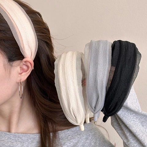 Wide Pleated Chiffon Padded Headband For Women Elegant Satin Gauze High Top Hairband Plain Solid Color Hair Accessories