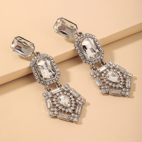 Geometric Square Teardrop Dangle Earrings Luxury Alloy Rhinestone Synthetic Crystal 925 Sterling Silver Earring Post