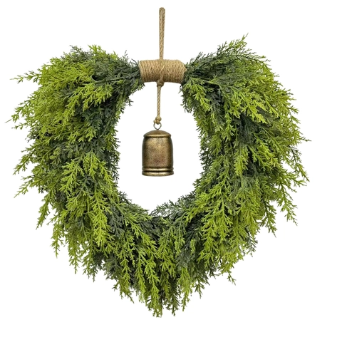 Christmas Heart Wreath Artificial Cedar With Retro Metal Bell Hemp Rope Rustic Hanging Garland Home Holiday Decoration