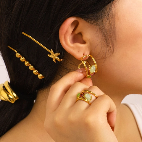 Pendientes Y Ear Cuff De Acero Inoxidable Chapado En Oro De 18K Estilo Vintage Francés Con Piedra Natural Para Mujeres