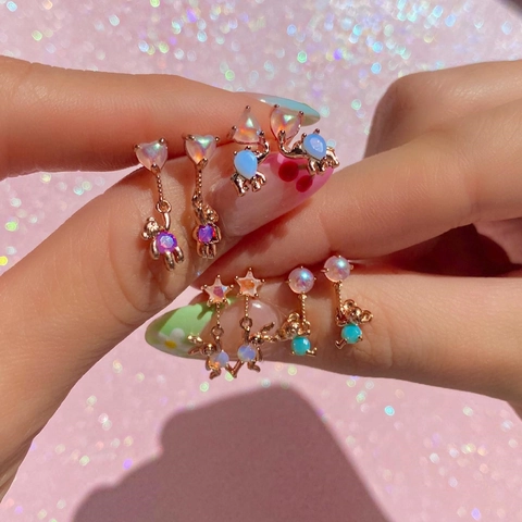 Cute Animal Ear Cartilage Studs Dinosaur Elephant Rabbit Zircon Opal Earrings With Stainless Steel Earring Post