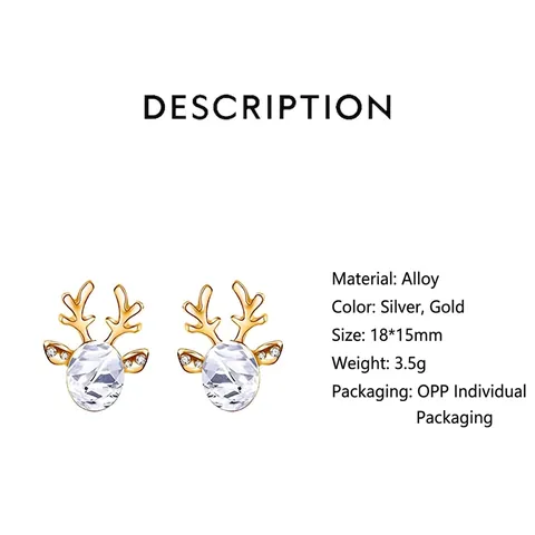 Reindeer Stud Earrings Alloy Crystal Rhinestone Christmas Holiday Antler Jewelry Women Festive Gift