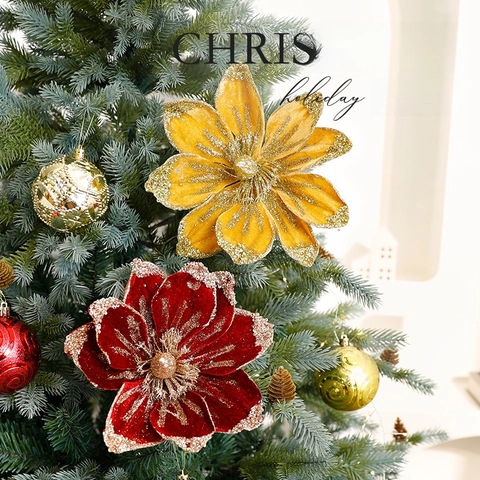 Artificial Christmas Magnolia Flowers Flannel Sparkle Glitter Poinsettia Ornaments Holiday Tree Party Home Decoration