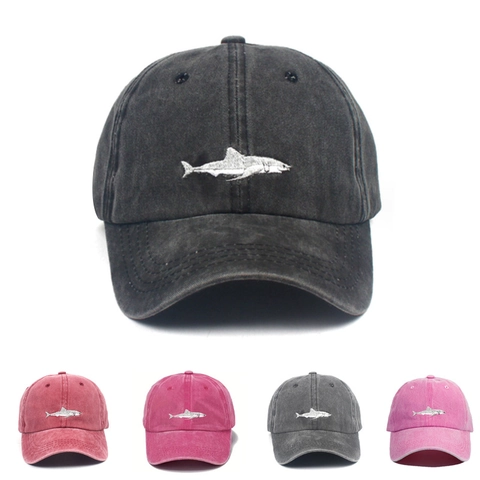 Washed Cotton Baseball Cap Vintage Distressed Shark Bone Embroidery Adjustable Outdoor Casual Sun Hat For Men Women